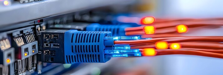 Fototapete - Close up view of glowing colorful fiber optic cables carrying high speed digital data and network transmissions