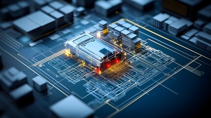Fototapete - Detailed visualization of a complex futuristic digital circuit blueprint with glowing interconnected electronic components and architectural elements