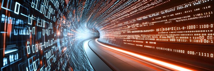 Fototapete - Futuristic abstract background featuring a dynamic vortex of digital code data and communication signals flowing in a mesmerizing swirl of technology and connectivity
