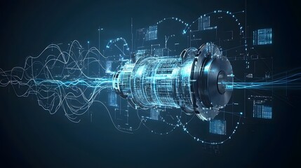 Fototapete - Futuristic abstract visualization of an electric motor surrounded by digital lines electrical circuits and dynamic energy waves representing advanced technology and engineering concepts