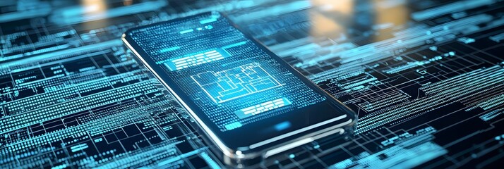 Leinwandbilder - Futuristic digital background featuring a smartphone interface layered over a complex circuit board matrix with glowing elements and data flow