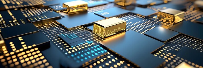 Fototapete - Futuristic digital finance background featuring a virtual market interface with intricate golden circuit board patterns and technological elements