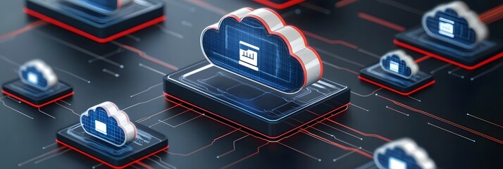 Poster - Futuristic digital landscape showcasing cloud computing infrastructure and seamless network connectivity between various devices and systems