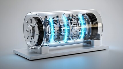 Leinwandbilder - Futuristic industrial electric motor powered by clean renewable hydrogen fuel cells with a sleek transparent design and glowing blue energy effects