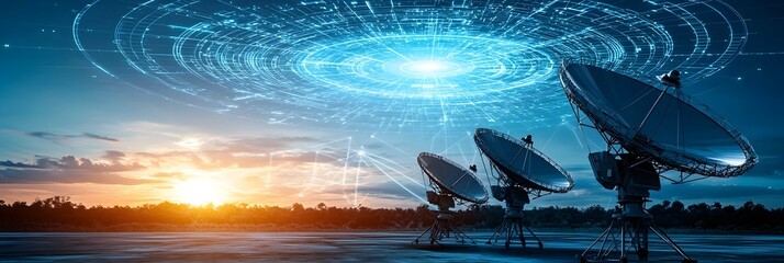 Poster - Futuristic landscape with satellite dishes and antennas pointed towards a vibrant digital sky at sunset representing advanced communication and data transmission technologies