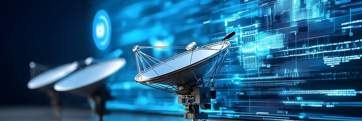 Fototapete - High tech satellite dishes transmitting digital data and signals across a dynamic blue hued technological landscape