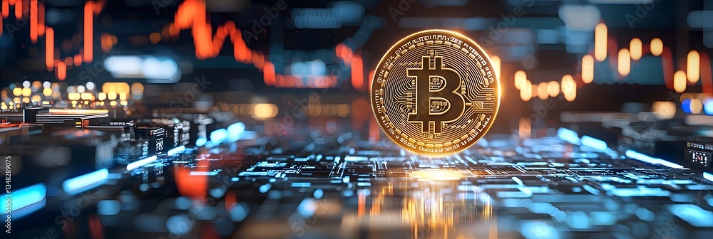 Glowing golden Bitcoin coin floating amidst a high tech digital trading ...