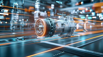 Fototapete - Powerful electric motor with a blurred high speed rotation effect symbolizing advanced industrial and performance