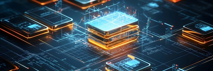 Fototapete - Sleek high tech digital landscape featuring interconnected circuits data visualizations and financial analytics overlays representing the cutting edge of technology and finance