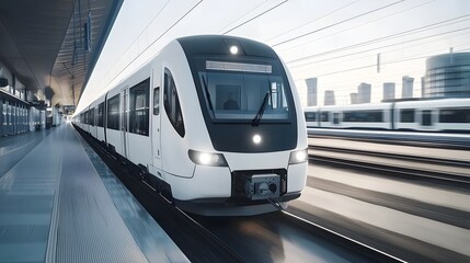 Leinwandbilder - Sleek modern high speed train equipped with radar sensors to detect obstacles and prevent collisions enabling safe and seamless travel experiences in an urban setting
