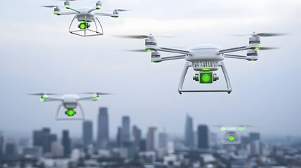 Aufkleber - Swarms of futuristic drones equipped with Lidar sensors autonomously navigating the skyline of a modern high tech urban landscape