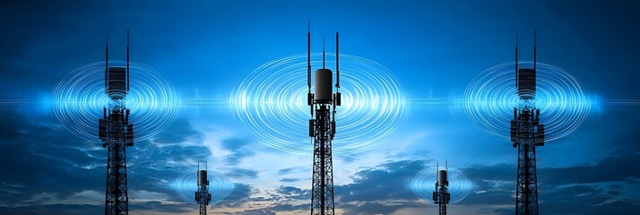 Poster - Towering antenna structures emitting pulsing radio waves against a vibrant nighttime sky symbolizing advanced telecommunication and wireless connectivity