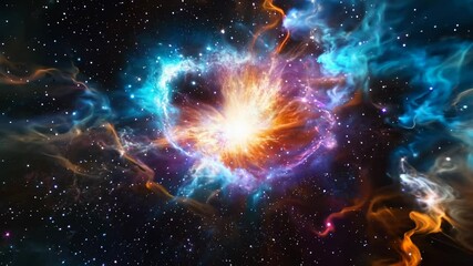 Wall Mural - a cosmic explosion in deep space, captured from a wide-angle perspective, showcasing vibrant colors 