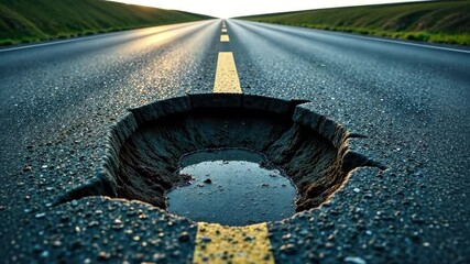 Damaged asphalt road with a large deep pothole, Cracked asphalt road video background or banner