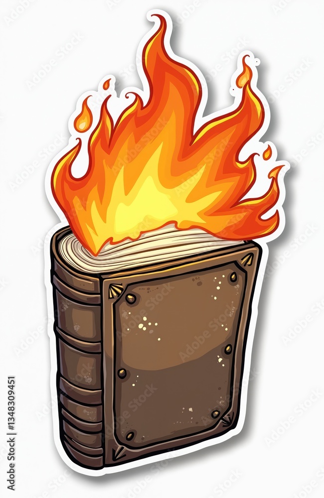 Retro distressed sticker features cartoon burning book with fire. Visual art illustration of old book in flames. Icon for education, knowledge, information, learning, literature, reading, library.
