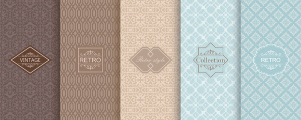 Aufkleber - Set of Cute geometric seamless patterns on modern background with minimal labels, frames. Abstract vector textures. Design for print, vaucher, decor, package, banner, card