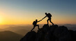 © Firyal Affina - Silhouetted Hikers Assisting Each Other on Mountain Peak at Sunset