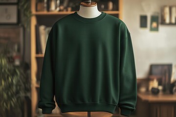 Wall Mural - classic crew neck sweatshirt template in deep forest green displayed on invisible mannequin with natural folds and precise stitching details