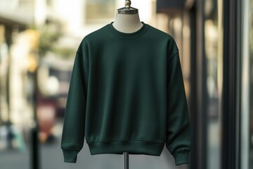 Wall Mural - classic crew neck sweatshirt template in deep forest green displayed on invisible mannequin with natural folds and precise stitching details
