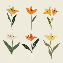 Wall Mural - whimsical floral illustration featuring various lily flowers in yellow, orange, and cream hues, arra