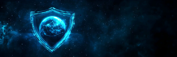 Wall Mural - Cybersecurity and data protection concept with a digital shield symbol on a blue technology background.