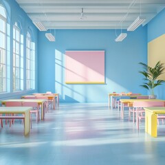 Aufkleber - Pastel Classroom: An Image of Desks and Chairs in a Sunny Room with Blue Walls and Minimalist Decor.