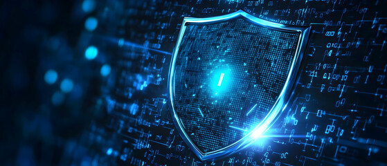 Wall Mural - Cybersecurity and data protection concept with a digital shield symbol on a blue technology background.