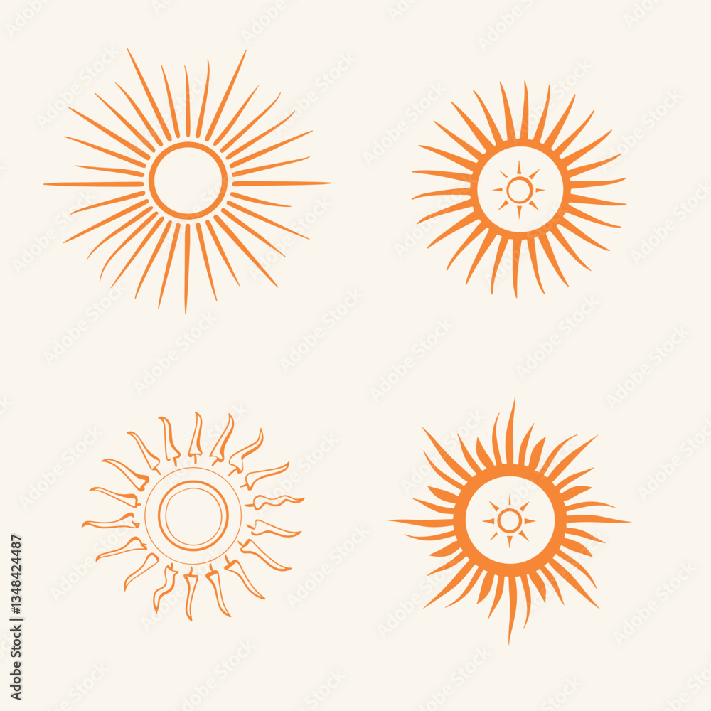 An array of sunburst vector graphics. Sun illustrations in an organized formation. Designs are orange on a neutral background.