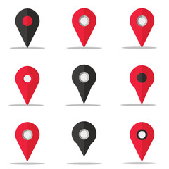 Wall Mural - flat design map markers: nine stylized location pins in red and black hues. clean vector graphics fo