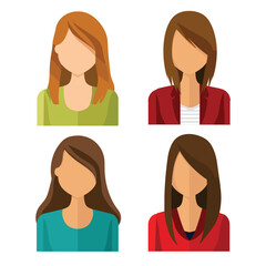 Wall Mural - vector avatars of four women, diverse hairstyles and clothing, minimalist design, ideal for profile 