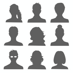 Wall Mural - silhouette headshots: a diverse group of people depicted in shadow, showing a variety of hairstyles 