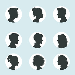 Canvas Print - diverse silhouettes of people in circles, showcasing various hairstyles and ages. profile views, uni