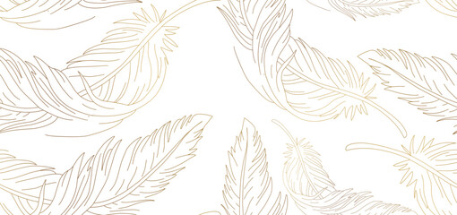 abstract white art background with feathers in golden line style. hand drawn vector banner for wallp