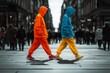 © Tang - Vibrant Fashion Walkers in Urban Setting with Colorful Hoodies