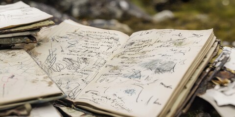 Wall Mural - a field journal filled with notes and sketches, documenting observations made during a scientific ex