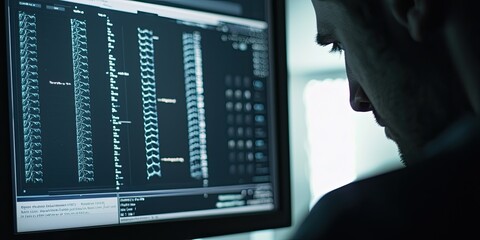 Wall Mural - a computer interface displaying genetic sequences of a pathogen, with a scientist analyzing the data