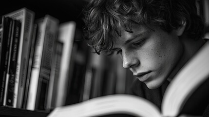 Aufkleber - Student studying in a library, close-up on focused face and open book, soft lighting reflects the calm and dedication in student life