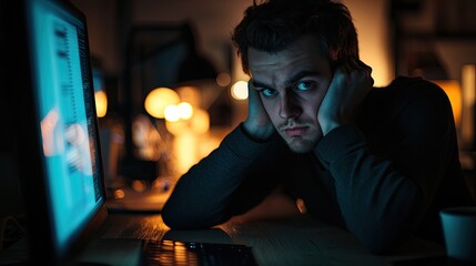 Aufkleber - A detailed view of a late-night work session, focus on a tired employee s face illuminated by the glow of the computer, capturing the strain