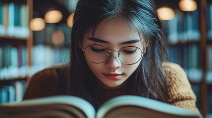 Aufkleber - Student studying in a library, close-up on focused face and open book, soft lighting reflects the calm and dedication in student life