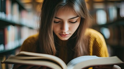 Aufkleber - Student studying in a library, close-up on focused face and open book, soft lighting reflects the calm and dedication in student life