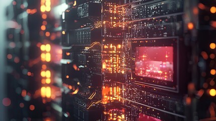 Fototapete - Macro shot of the TCP/IP stack in a simulated network environment, showcasing real-time data exchanges.