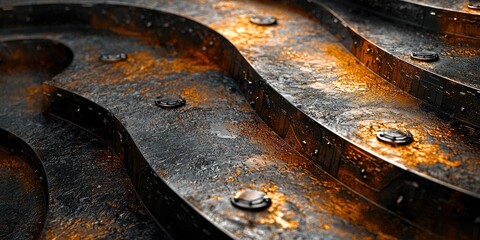 Fototapete - This abstract scene features metal textures that form a layered industrial background, incorporating elements like brushed steel and rusted surfaces to evoke mechanical e