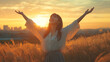 © bephoto - 夕暮れの草原で両手を広げる日本人女性