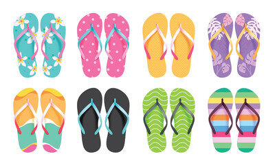 Wall Mural - flipflop colorful pattern clipart set. multicolored slipper elements clip art for swimming summer be