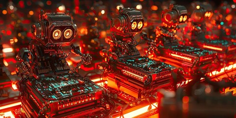 Poster - automated robots in action, with neon-lit joints, advanced circuits, and a high-tech, cyberpunk factory setting.