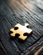 © Den Boro Day - Single Golden Puzzle Piece on Dark Wood Background Abstract Concept.