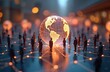 © Viktor - Global social network concept with connected dots around globe. People looking world map, representing clients, audience, partners. Digital connection, technology, online communication, teamwork