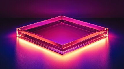 A glowing square glass object illuminated by multiple colored lights