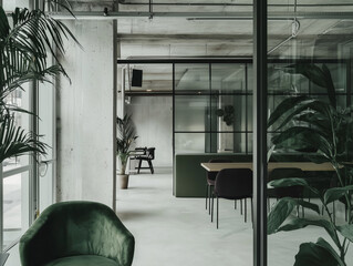 Poster - Modern office interior with minimalist design features green chairs, glass partitions, and lush plants, creating serene and stylish workspace. Natural light enhances open layout
