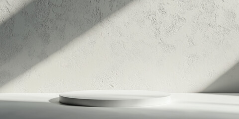 Poster - minimalist mockup features round platform on textured surface with soft shadows, creating serene and elegant atmosphere. Ideal for showcasing products or designs